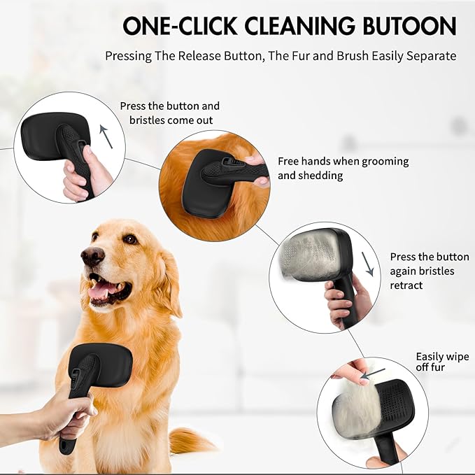 YOYUPETA Dog Self Cleaning Slicker Brush for Shedding, Ideal for Short Long Haired Dogs, Including Cat. Removes Loose Fur, Undercoat, Mats, Tangled Hair. Suit for Large Medium Small Animal, Black