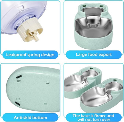 Automatic Cat Feeder and Water Dispenser with Stainless Steel Bowl Gravity Food Feeder and Waterer Set for Small Medium Dog Puppy Kitten 1 Gallon x 2(Green)