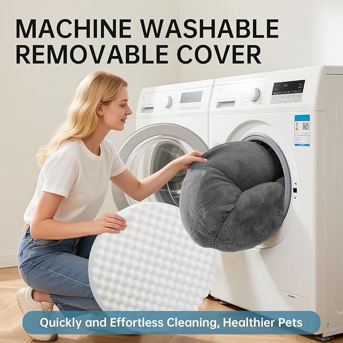 OhGeni 31 inches Calming Donut Orthopedic Dog & Cat Bed for Medium Pets, Warming Comfort Fluffy Short Pile Fur, Durable Waterproof Machine Washable Removable Cover, Cute Round Bed for Puppy, Dark Gray