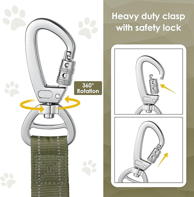 AUBELL Tactical Dog Leash Heavy Duty,4-6ft Reflective Strong No Pull Bungee Leash for Small Dogs with Comfortable Padded Double Handle,Car Seat Belt,360 Degree Rotating Carabiner,Green