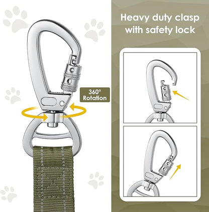 AUBELL Tactical Dog Leash Heavy Duty,4-6ft Reflective Strong No Pull Bungee Leash for Small Dogs with Comfortable Padded Double Handle,Car Seat Belt,360 Degree Rotating Carabiner,Green