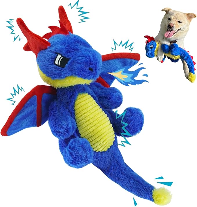 Original Blue Dinosaur Dog Toy - Soft Plush Dog Toys for Small Medium Large Dogs（13.78''） - Cute Dog Squeak Toys with 5 Crinckle Papers & 2 Squeakers