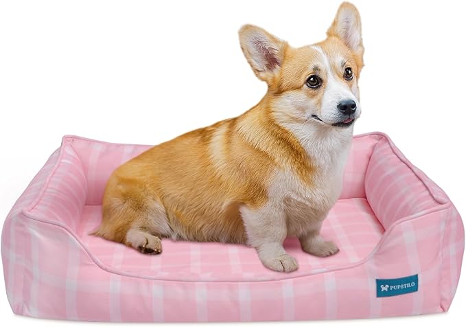Pupstilo Orthopedic Bolster Dog Bed – CertiPUR-US Foam, Recycled Polyester Canvas, Washable Cover, Anti-Slip Bottom, Small, Pink Check – Stylish Designer Dog Sofa