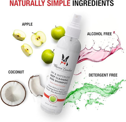 Warren London Waterless Dog Shampoo 8 oz – Green Apple No-Rinse Dry Shampoo Spray | Instant Deodorizer for Smelly Pets, Itch Relief, Dye-Free & Cruelty-Free | Made in USA
