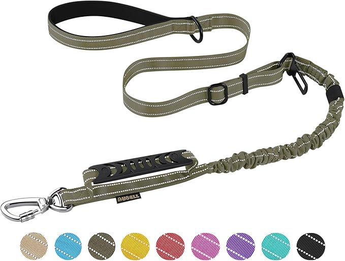 AUBELL Tactical Dog Leash Heavy Duty,4-6ft Reflective Strong No Pull Bungee Leash for Small Dogs with Comfortable Padded Double Handle,Car Seat Belt,360 Degree Rotating Carabiner,Green