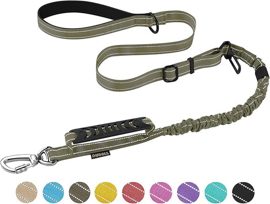 AUBELL Tactical Dog Leash Heavy Duty,4-6ft Reflective Strong No Pull Bungee Leash for Small Dogs with Comfortable Padded Double Handle,Car Seat Belt,360 Degree Rotating Carabiner,Green