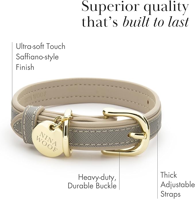 Nina Woof London Vegan Leather Dog Collar - Luxury Cute Dog Collar Adjustable Buckle Collar for Dogs, Dog Collar for Small Dogs to Dog Collar for Large Dogs - Padded Grey Over Beige, Small