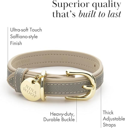 Nina Woof London Vegan Leather Dog Collar - Luxury Cute Dog Collar Adjustable Buckle Collar for Dogs, Dog Collar for Small Dogs to Dog Collar for Large Dogs - Padded Grey Over Beige, Small