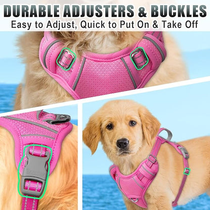 BARKBAY No Pull Dog Harness Large Reflective Dog Harness with Front Clip and Easy Control Handle for Walking Training Running with ID tag Pocket(Pink,XS)