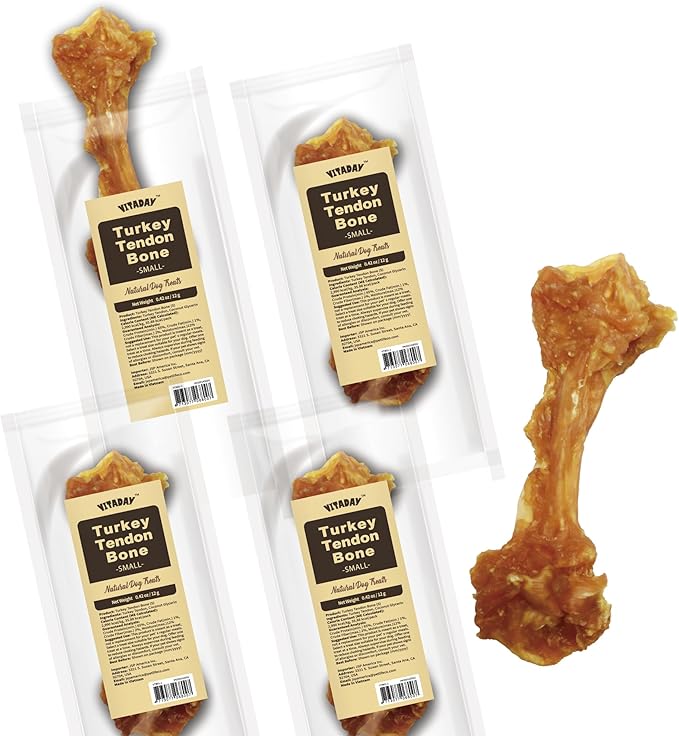 VITADAY Turkey Tendons for Dogs, All Natural, Healthy Dog Treats, Long Lasting, Hypoallergenic Dog Chews, Rawhide Free, USA-Sourced, for Small Dogs, Bone (S), 4 Count Pack