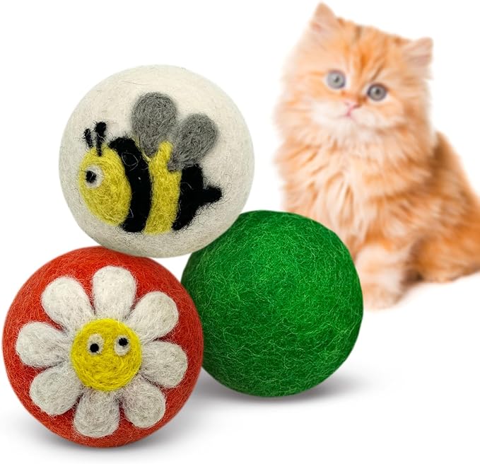 Hustle & Blush Love Ewe Felted Cat Toys 3 Pack - 2 Inch Flower & Bee Hand Made Cute & Fun Design Kitten Wool Felt Balls for Indoor Play & Exercise - 100% New Zealand Handmade Felted Balls