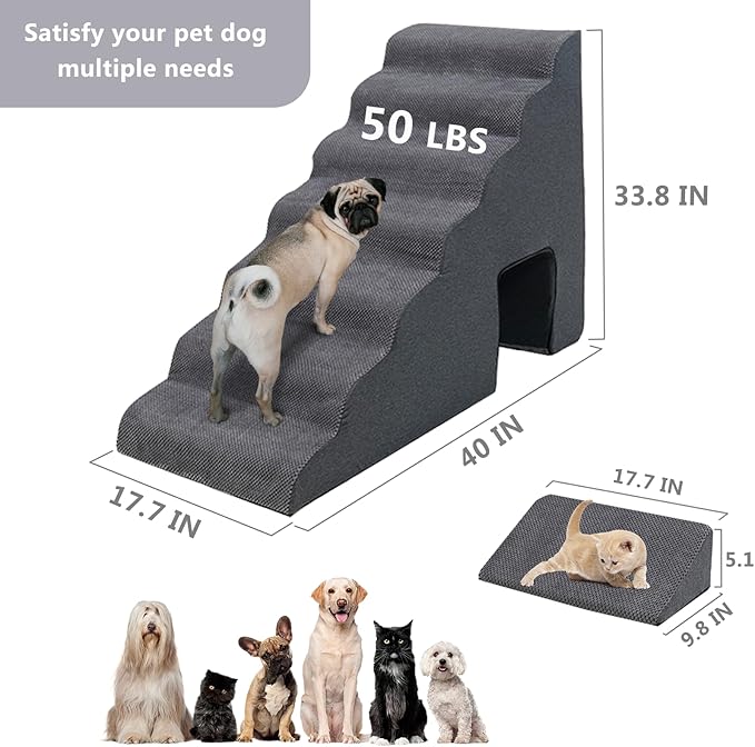 MALOROY Dog Stairs for High Beds 30-36 inches Tall, 7-Step Pet Stairs/Steps for Small Large Dogs, 30D Foam Pet Steps/Ramp/Ladder for High Bedsides, with 4pcs Dog Ramp for Stairs, Dark Grey