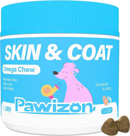 Omega 3 for Dogs –Skin & Coat Supplement – Omega Rich Salmon Oil, Krill Oil & Fish Oil – DHA&EPA for Itchy Skin Relief, Shiny Coat, Shedding & Allergy Support – 120 Soft Chews