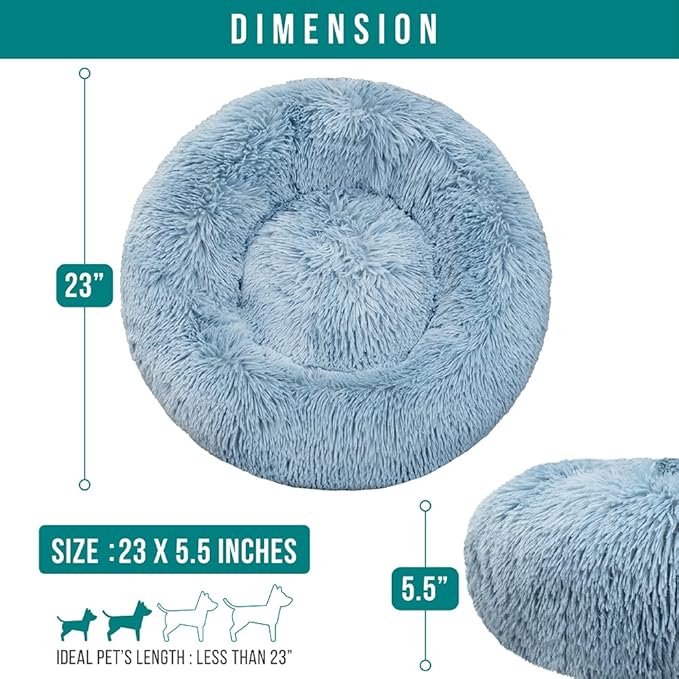 PetAmi Calming Dog Bed for Small & Medium Dogs and Cats, 23” Round Donut Dog Bed, Washable Fluffy Faux Fur Puppy & Cat Bed, Anti-Anxiety Plush Cuddler Pet Bed with Anti-Slip Bottom - Blue