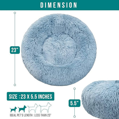 PetAmi Calming Dog Bed for Small & Medium Dogs and Cats, 23” Round Donut Dog Bed, Washable Fluffy Faux Fur Puppy & Cat Bed, Anti-Anxiety Plush Cuddler Pet Bed with Anti-Slip Bottom - Blue