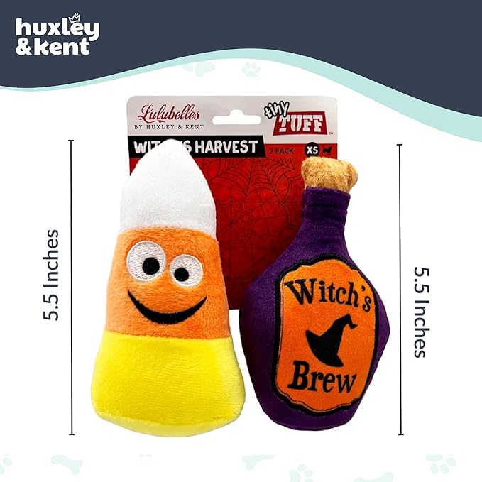 Huxley & Kent Halloween Funny Dog Toy w/Squeaker – Power Plush Squeaky Dog Toys for Small Dogs – Durable Small Stuffed Animal for Indoor Play & Fetch - Tiny Tuff Witch's Harvest 2pk
