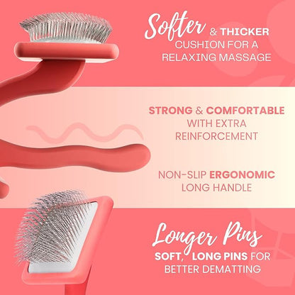 Dog Slicker Brush for Grooming Pet Hair - Best Slicker For Poodle & Golden Doodle - Long Haired Tool For Dogs - Goldendoodle Long Pin Brush For Dematting (Coral, Flat Large)