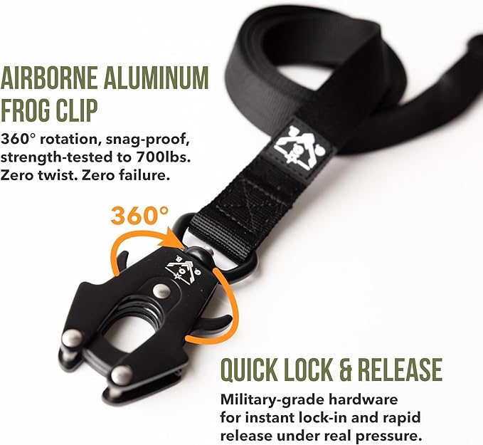 Tactical Dog Leash, 5 FT Heavy Duty Military-Grade Nylon, Quick Release Frog Clip (700 lb) with 360° Swivel, Padded Handle, for Medium and Large Dogs, Black – Operation Good Boy, Veteran Owned
