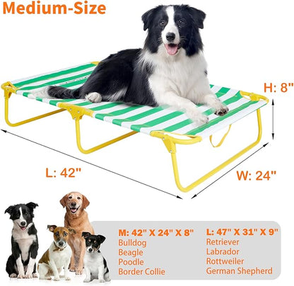 everfront Dog Elevated Bed Foldable Portable Raised Bed Camping cot Outdoor Summer Dog Bed (Medium, GreenStripes-Oxford Fabric)
