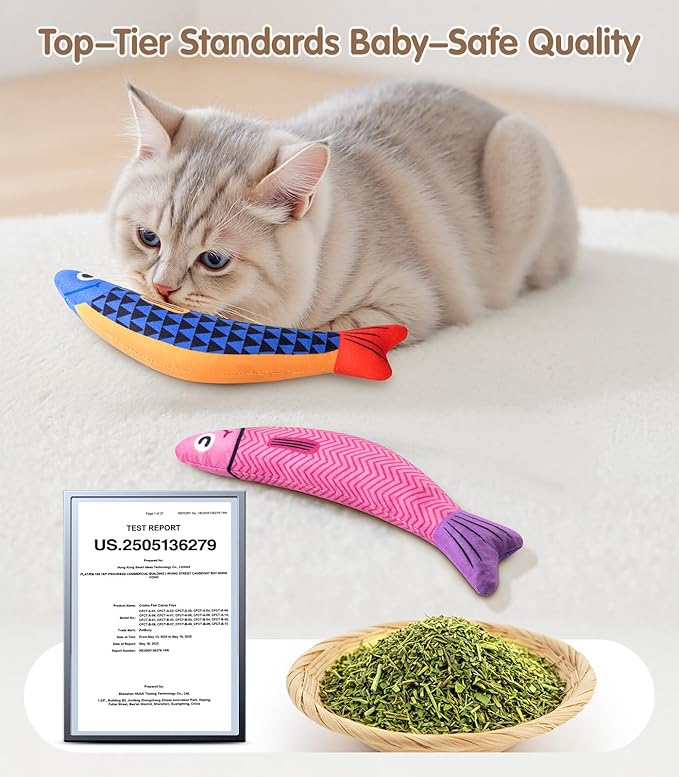 PetBusy Cat Toys with[5000mg A+Natural Catnip &Silvervine] [Baby Grade] Interactive Soft Chew Kicker Cat Toys for Indoor Cats & Kittens, [Crinkle &Bell] Fish Sound Toy, Drives Bored Cat Crazy with Fun