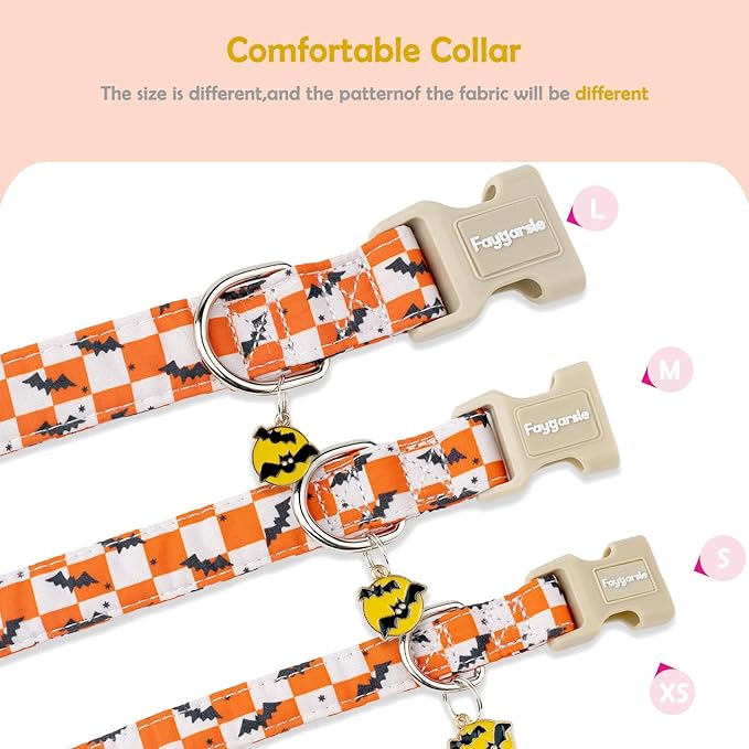 Faygarsle Halloween Dog Collar with Charm, Orange and White Checkered with Bats Pattern,for Small Medium Large Dogs S