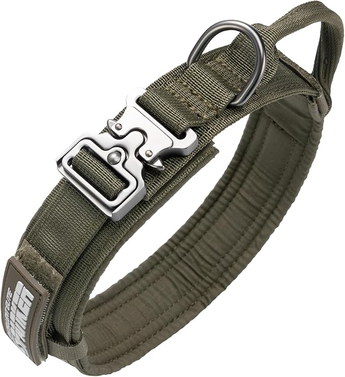 EXCELLENT ELITE SPANKER Tactical Dog Collar Nylon Adjustable Training Collar Military Dog Collar Heavy Duty Metal Buckle with Control Handle for Medium and Large Dogs with Patches(Ranger Green-M)