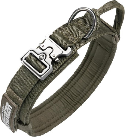 EXCELLENT ELITE SPANKER Tactical Dog Collar Nylon Adjustable Training Collar Military Dog Collar Heavy Duty Metal Buckle with Control Handle for Medium and Large Dogs with Patches(Ranger Green-L)