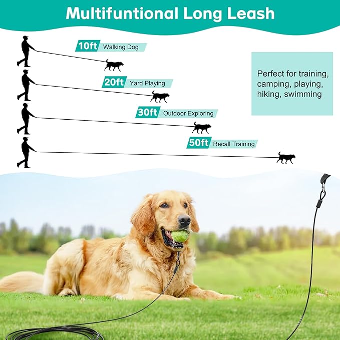 Long Dog Leash Chew Proof, Tie Out Cable for Dogs Heavy Duty 10/20/30/50 ft with Carabiner, Dog Leads for Yard for Medium Large Dogs, Dog Long Leashes with Padded Handle (Black, 50Ft)