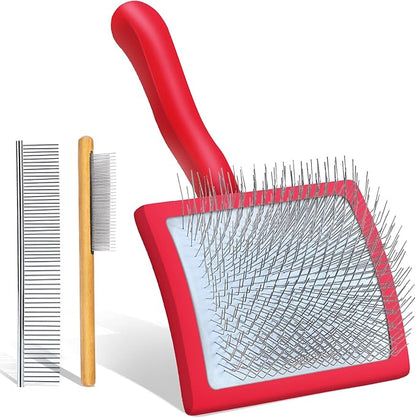 Slicker Brush for Dogs, Dog Grooming Supplies Long Pin Large Doodle Brush for Goldendoodles Poodles Bernedoodles, 3 Pcs Grooming Tools with Wooden Handle for Mats Tangles - Red