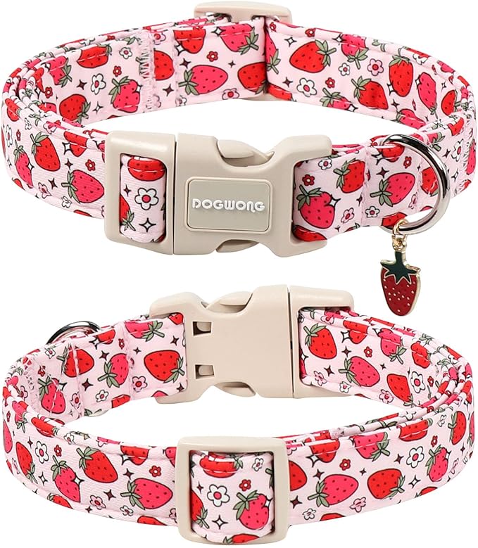 DOGWONG Strawberry Dog Collar, Cute Pink Strawberry Pet Collars with Quick Release Buckle for Puppy Small Medium Large Boy Girl Dogs-XS