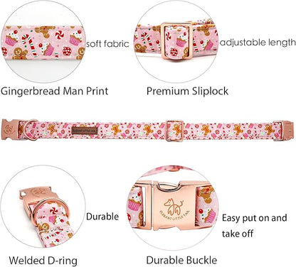 Elegant little tail Dog Collar, Christmas Pink Gingerbread Man Print Pet Collar Cute Dog Collars Male or Female Pet Gift Adjustable Dog Collar for Small Dogs