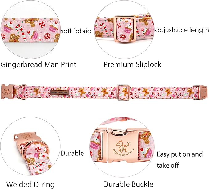 Elegant little tail Dog Collar, Christmas Pink Gingerbread Man Print Pet Collar Cute Dog Collars Male or Female Pet Gift Adjustable Dog Collar for Large Dogs