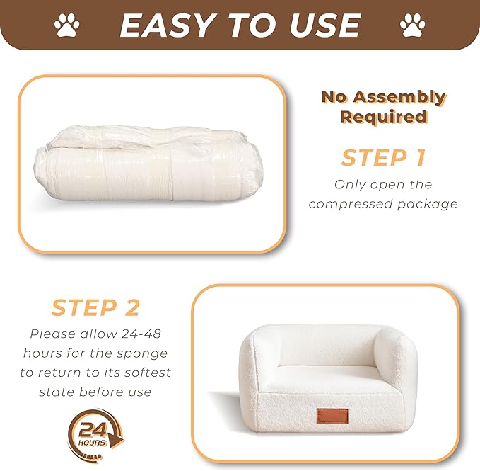 ATJafurn White Faux Shearling Dog Couch Bed for Small Dogs Cats Under 35 lbs, 25.6 Inch Modern Elevated Cat Sofa with Leather Nameplate, Indoor Furniture Style Cute Raised Pet Sofa Bed (Small)