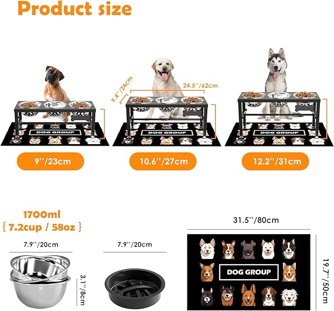 3-in-1 Slow Feeder Dog Bowl Stand, Elevated Raised Feeder with 1 Slow Feed & 2 Stainless Steel Bowls, Iron Stand, Custom Name Plate & Mat - Easy Clean for Fast Eaters, Multiple Dogs