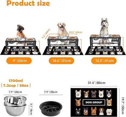 3-in-1 Slow Feeder Dog Bowl Stand, Elevated Raised Feeder with 1 Slow Feed & 2 Stainless Steel Bowls, Iron Stand, Custom Name Plate & Mat - Easy Clean for Fast Eaters, Multiple Dogs