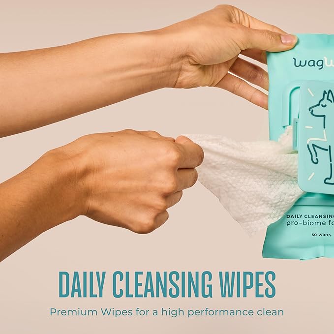 WagWell Daily Cleansing Dog Wipes 50 Count – Vet-Approved, All Natural, Dermatologist Tested, Microbiome-Friendly – Head-to-Tail (Avoid Eye Area), Helps Reduce Odor – No Added Fragrance
