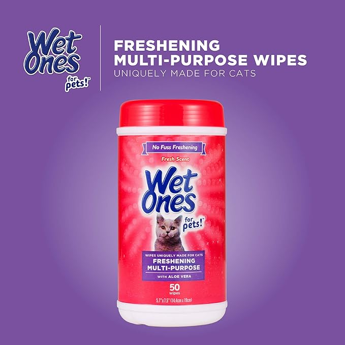 Wet Ones for Pets Freshening Multipurpose Wipes for Cats with Aloe Vera, Fresh Scent - Easy to Use Cat Cleaning Wipes for Pet Grooming in Canister, 50 Count - 3 Pack
