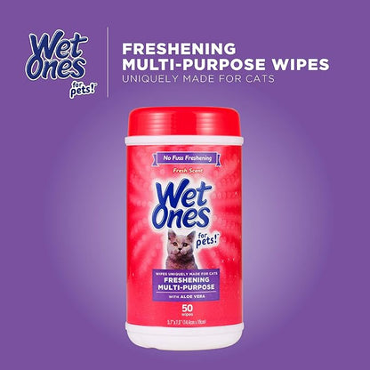 Wet Ones for Pets Freshening Multipurpose Wipes for Cats with Aloe Vera, Fresh Scent - Easy to Use Cat Cleaning Wipes for Pet Grooming in Canister, 50 Count - 3 Pack