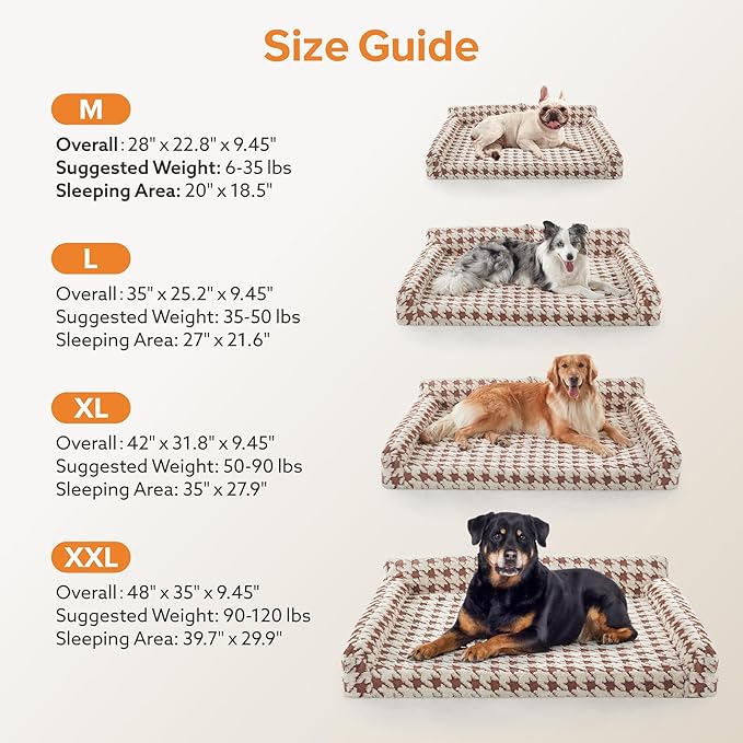 FURTIME Orthopedic Dog Beds Large Sized Dog, XXL Washable Memory Foam Pet Couch Bed with Removable Washable Cover, Non-Slip Bottom with Bolster Sides, Brown