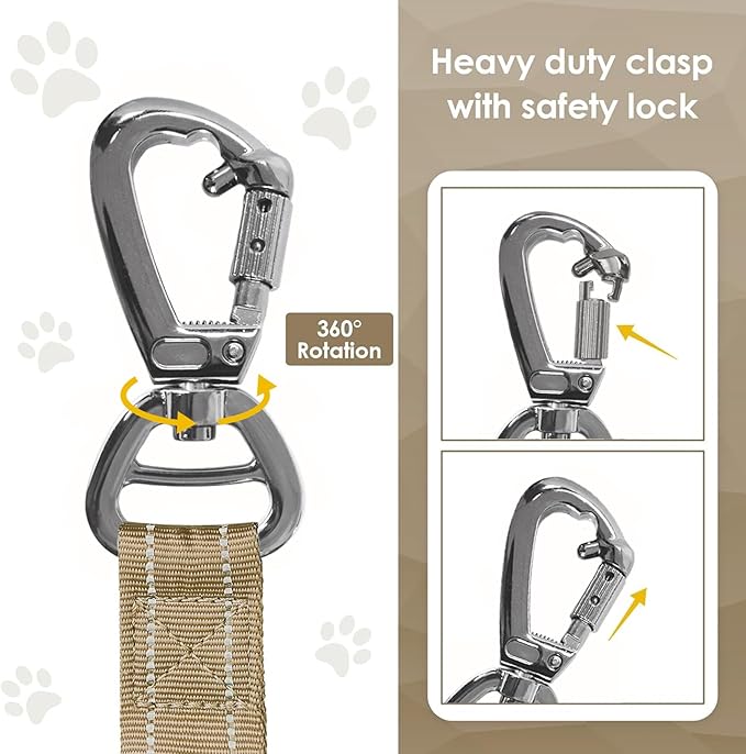 AUBELL Tactical Dog Leash Heavy Duty,4-6ft Reflective Strong No Pull Bungee Leash for Medium Large Dogs with Comfortable Padded Double Handle,Car Seat Belt,360 Degree Rotating Carabiner,Brown