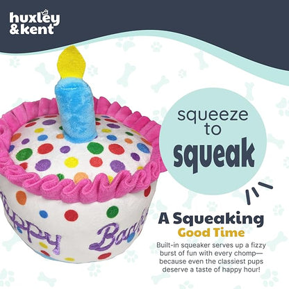 Huxley & Kent Funny Dog Toy w/Squeaker – Power Plush Squeaky Dog Toys for Small, Medium & Large Dogs – Soft Stuffed Animal for Indoor Play & Fetch - Happy Barkday Cake, Large