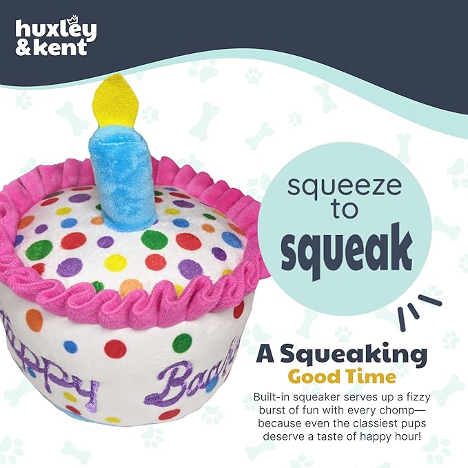 Huxley & Kent Funny Dog Toy w/Squeaker – Power Plush Squeaky Dog Toys for Small, Medium & Large Dogs – Soft Stuffed Animal for Indoor Play & Fetch - Happy Barkday Cake, Small