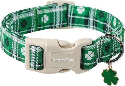 Lionet Paws St. Patrick Dog Collar, Comfortable Adjustable Green Collar with Green Clover Pattern for Medium Male Female Dogs Collars, Neck 13.5-22 inches