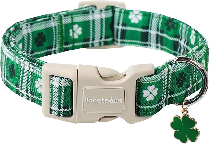 Lionet Paws St. Patrick Dog Collar, Comfortable Adjustable Green Collar with Green Clover Pattern for Small Male Female Dogs Collars, Neck 10-16 inches