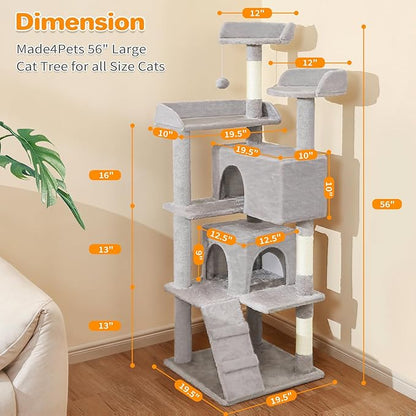 Made4Pets Cat Tree 54in Cat Tower for Indoor Cats Kitten Tree Multi-Level Cat Tree with 2 Condo Furniture Activity Center with Scratching Posts Funny Toys Kittens Pet Play House, Light Grey
