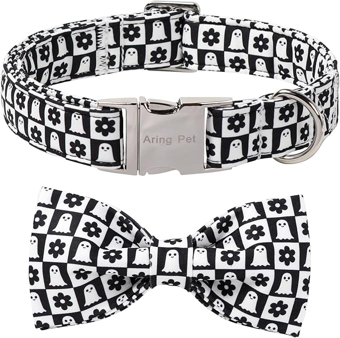 ARING PET Halloween Dog Collar with Bow, Black White Plaid Ghost Floral Cute Pet Collars with Quick Release Buckle for Puppy Small Medium Large Girl Boy Dogs-L