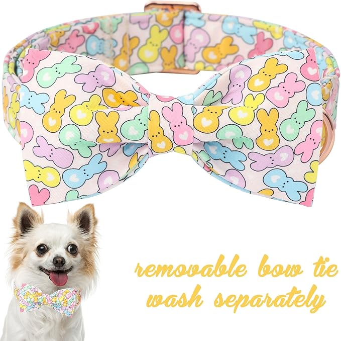Unique Style Paws Easter Dog Collar with Bow Blue Colorful Rabbit Easter Heart Cotton Polyester Puppy Collars for Small Medium Large Dogs