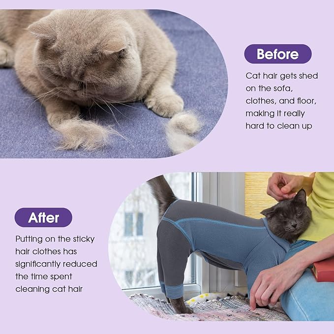 SUNFURA Hair Sticky Cat Clothes, Cat Sweater for Cats Only, 4-Legged Fleece Sweaters Kitten Pajamas Reduce Shedding Fur, Warm Pullover Shirts for Cats, Blue L