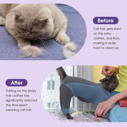 SUNFURA Hair Sticky Cat Clothes, Cat Sweater for Cats Only, 4-Legged Fleece Sweaters Kitten Pajamas Reduce Shedding Fur, Warm Pullover Shirts for Cats, Blue L