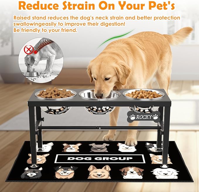 3-in-1 Slow Feeder Dog Bowl Stand, Elevated Raised Feeder with 1 Slow Feed & 2 Stainless Steel Bowls, Iron Stand, Custom Name Plate & Mat - Easy Clean for Fast Eaters, Multiple Dogs
